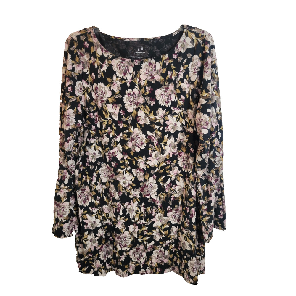 J. Jill Luxe Supima Black Pink Floral Split Sleeve Tunic Top Women's Size XL